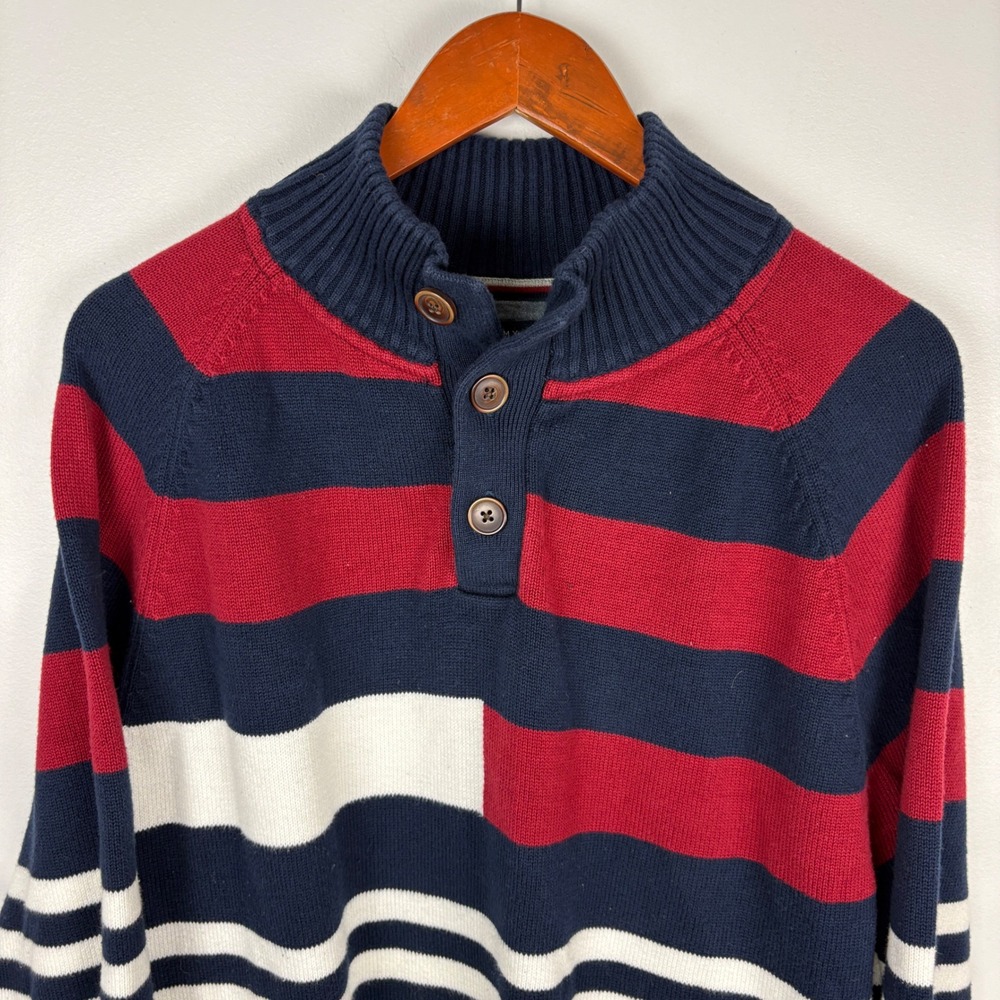 Tommy Hilfiger Mens Striped‎ Quarter Zip Mock Neck Sweater XL Red Navy White
